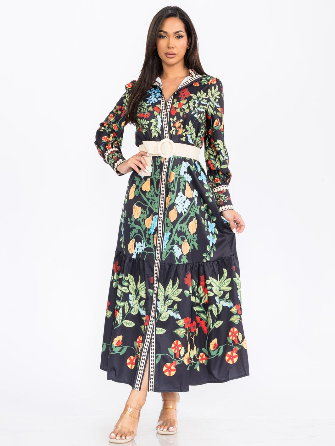 WOMEN'S LONG SLEEVE BUTTON UP FRONT BELT FLORAL MAXI DRESS