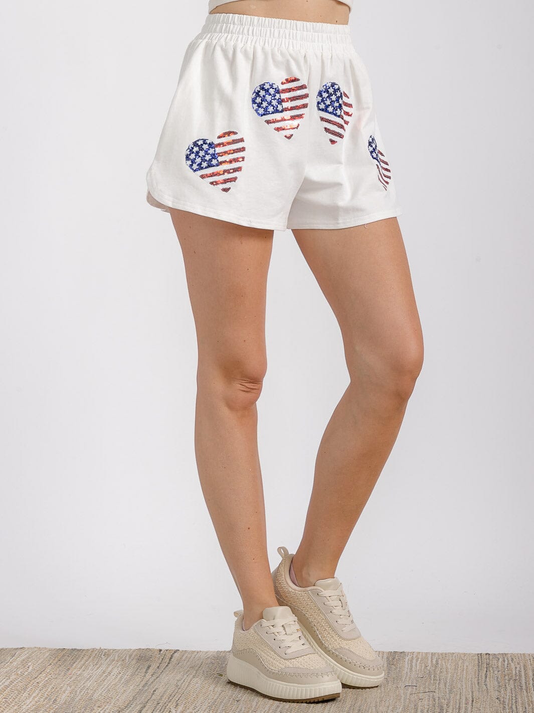 WOMEN'S ELASTIC WAIST FRONT POCKET GRAPHIC SEQUINS PATRIOTIC MINI SHORT