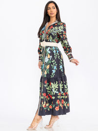 WOMEN'S LONG SLEEVE BUTTON UP FRONT BELT FLORAL MAXI DRESS
