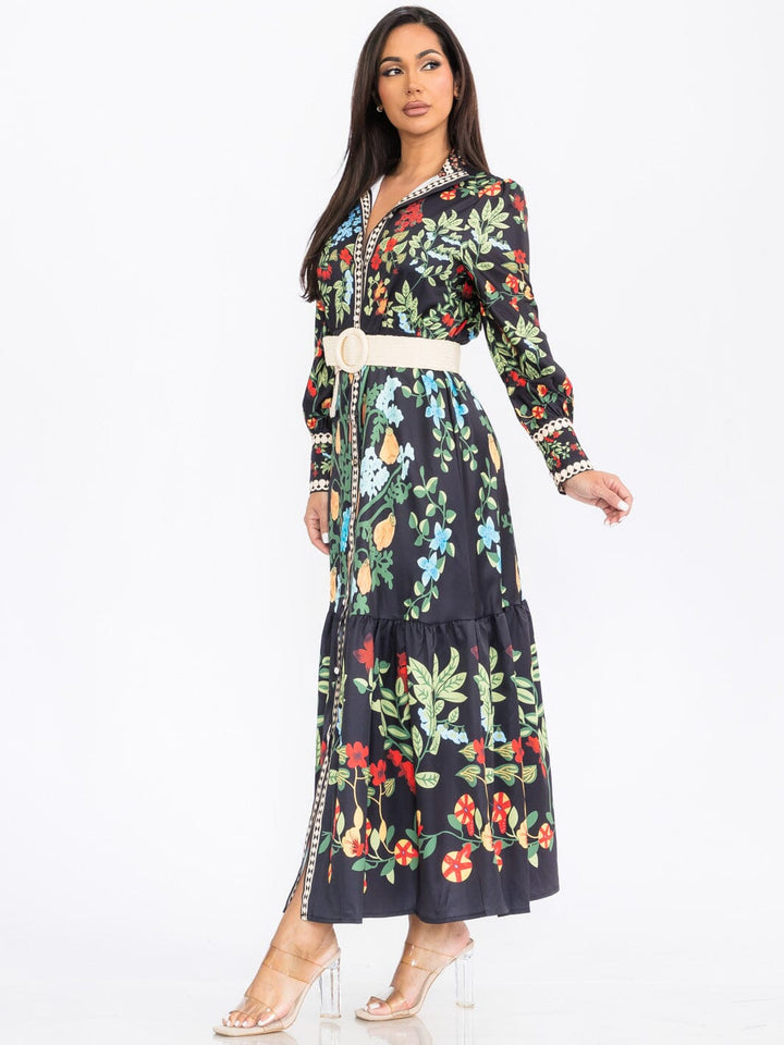 WOMEN'S LONG SLEEVE BUTTON UP FRONT BELT FLORAL MAXI DRESS