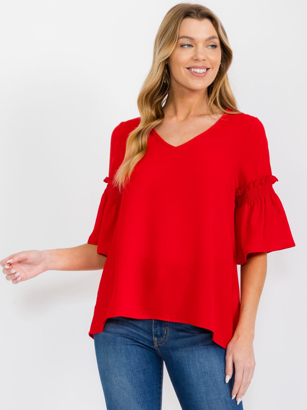 WOMEN'S SHORT RUFFLE SLEEVES V-NECK BLOUSE