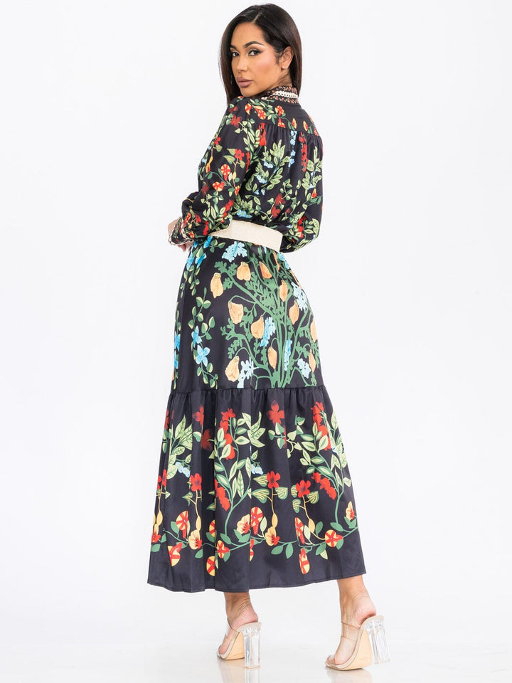 WOMEN'S LONG SLEEVE BUTTON UP FRONT BELT FLORAL MAXI DRESS