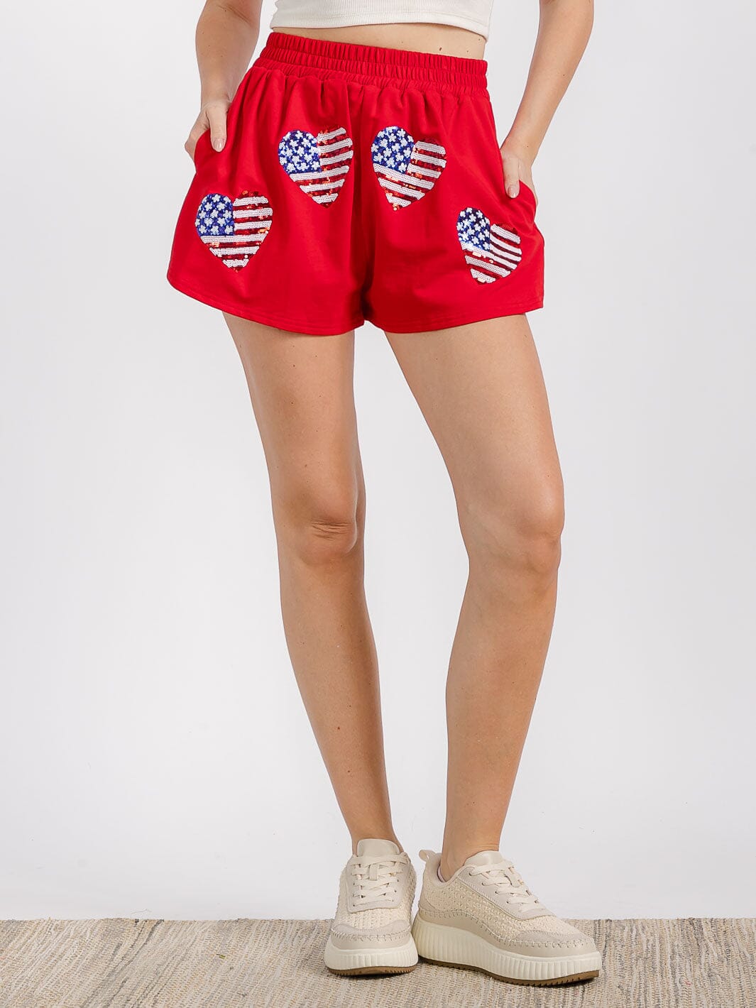 WOMEN'S ELASTIC WAIST FRONT POCKET GRAPHIC SEQUINS PATRIOTIC MINI SHORT