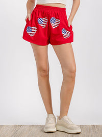 WOMEN'S ELASTIC WAIST FRONT POCKET GRAPHIC SEQUINS PATRIOTIC MINI SHORT