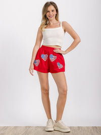 WOMEN'S ELASTIC WAIST FRONT POCKET GRAPHIC SEQUINS PATRIOTIC MINI SHORT