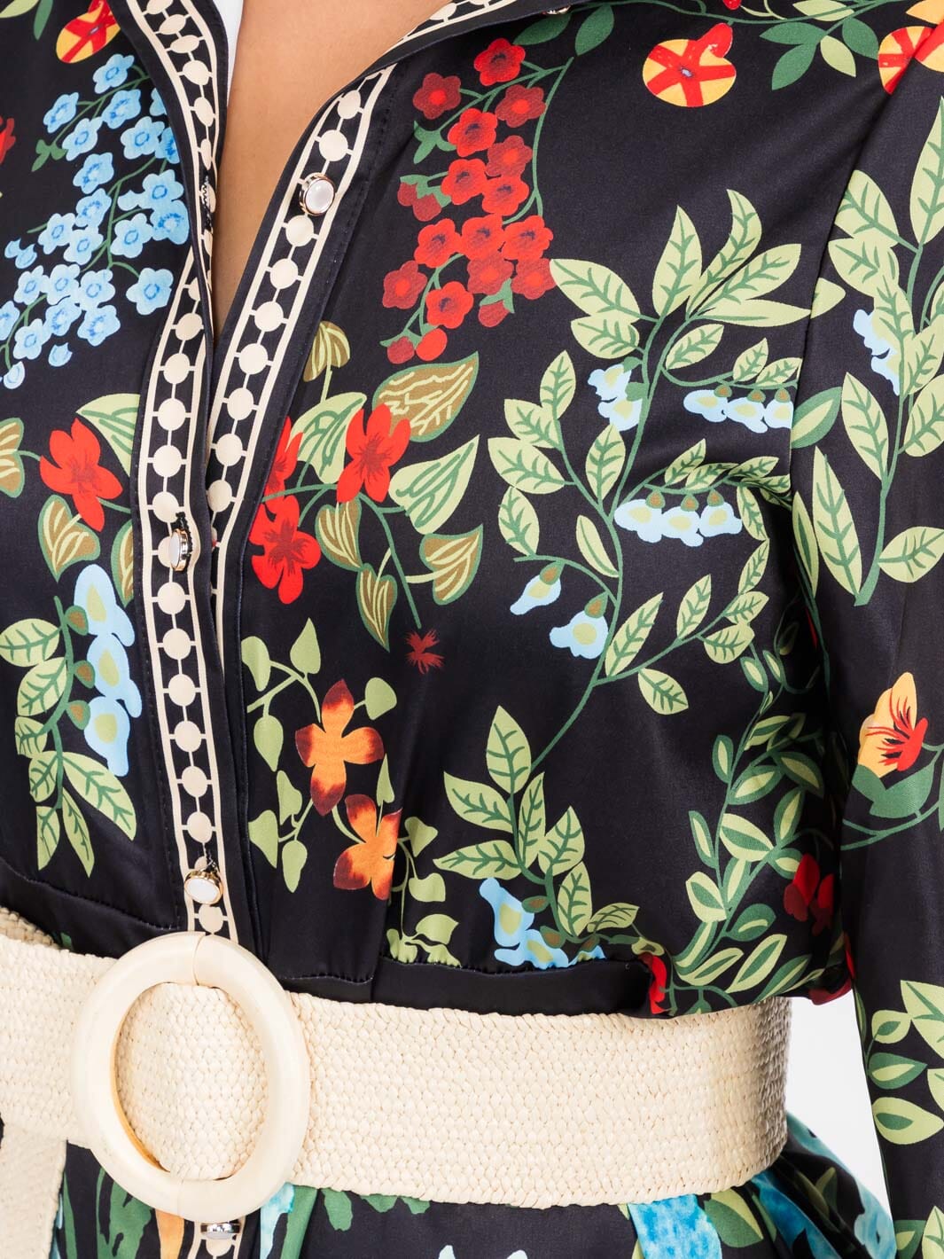 WOMEN'S LONG SLEEVE BUTTON UP FRONT BELT FLORAL MAXI DRESS