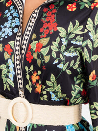 WOMEN'S LONG SLEEVE BUTTON UP FRONT BELT FLORAL MAXI DRESS