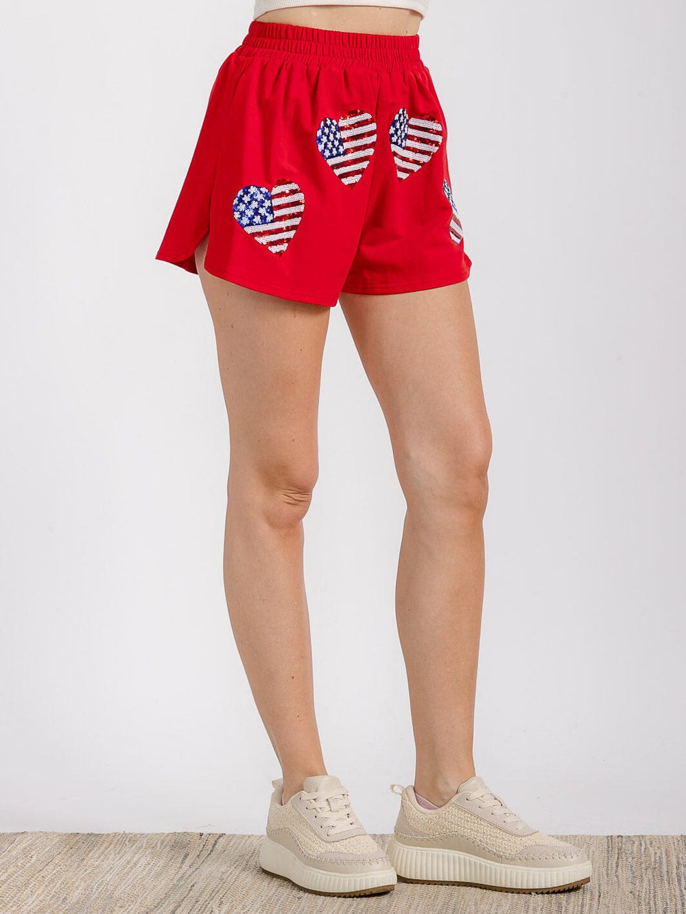WOMEN'S ELASTIC WAIST FRONT POCKET GRAPHIC SEQUINS PATRIOTIC MINI SHORT