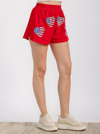 WOMEN'S ELASTIC WAIST FRONT POCKET GRAPHIC SEQUINS PATRIOTIC MINI SHORT