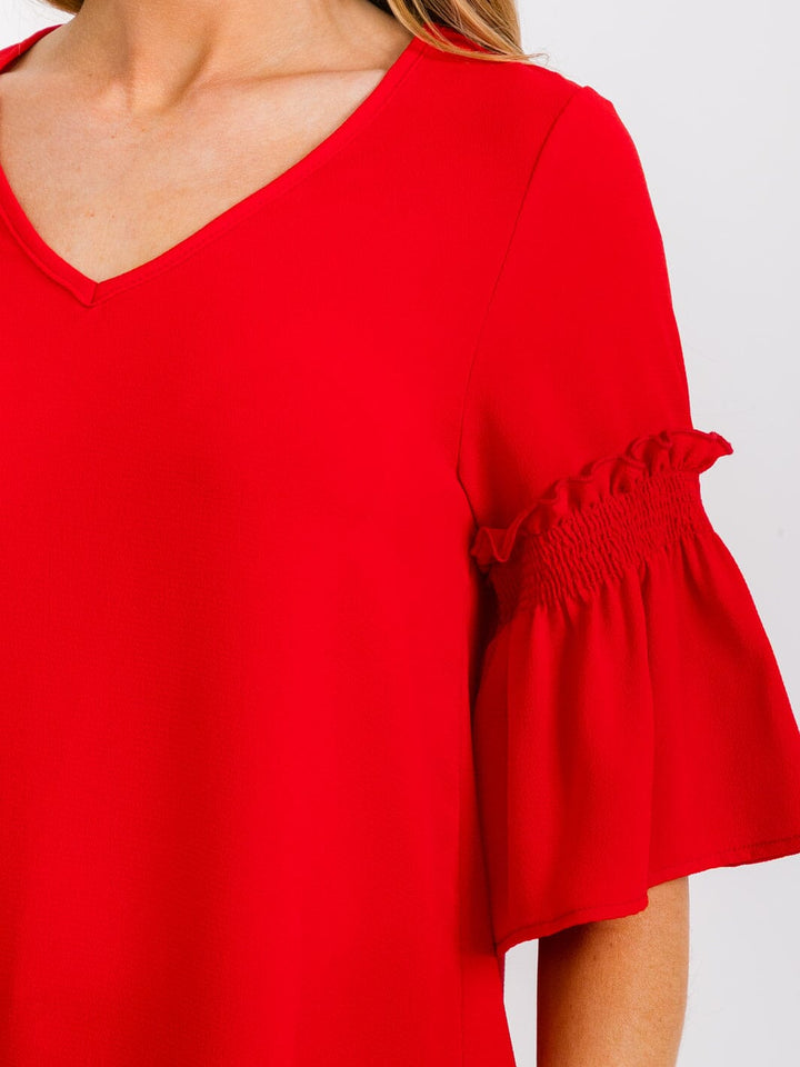 WOMEN'S SHORT RUFFLE SLEEVES V-NECK BLOUSE