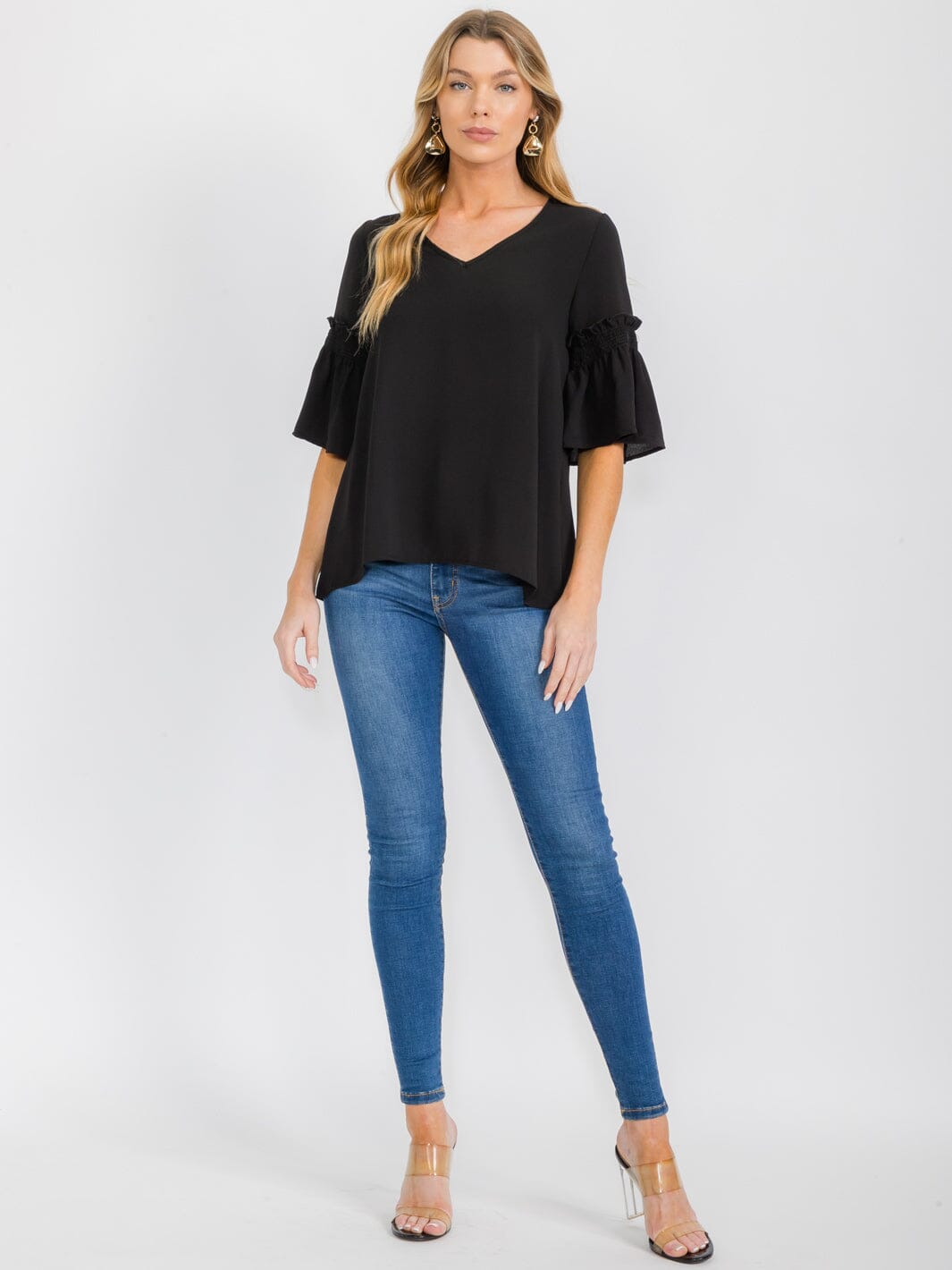 WOMEN'S SHORT RUFFLE SLEEVES V-NECK BLOUSE