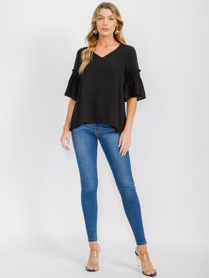 WOMEN'S SHORT RUFFLE SLEEVES V-NECK BLOUSE