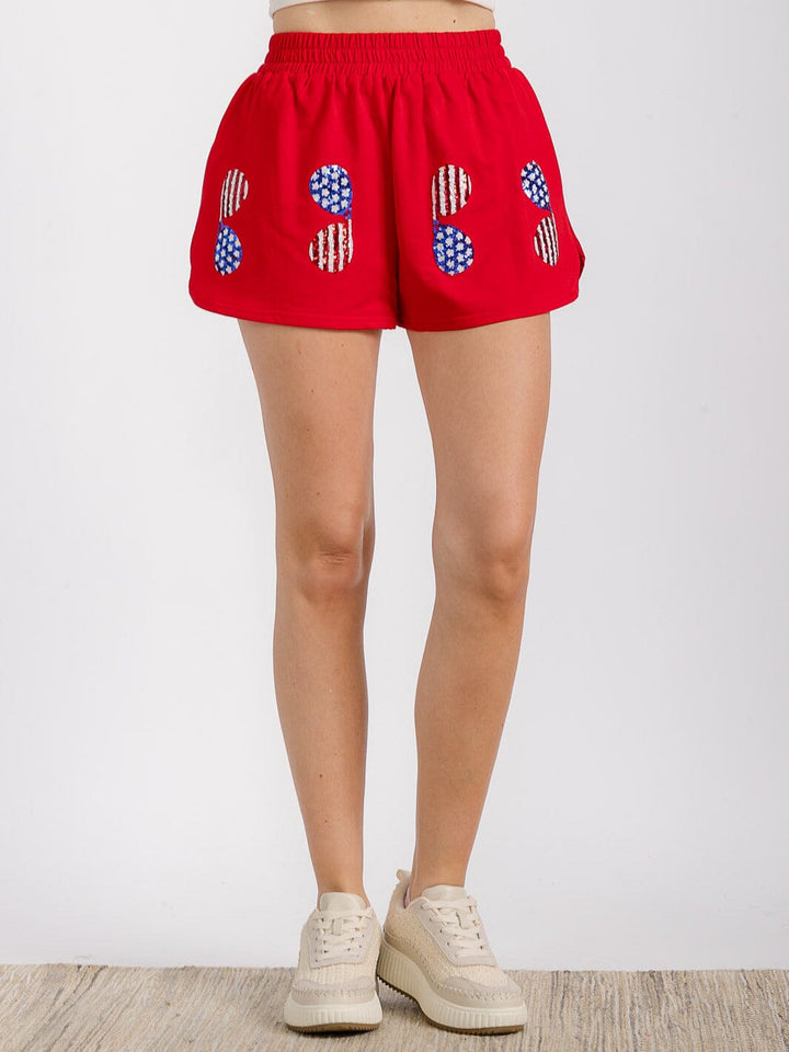 WOMEN'S ELASTIC WAIST FRONT POCKET GRAPHIC SEQUINS PATRIOTIC MINI SHORT
