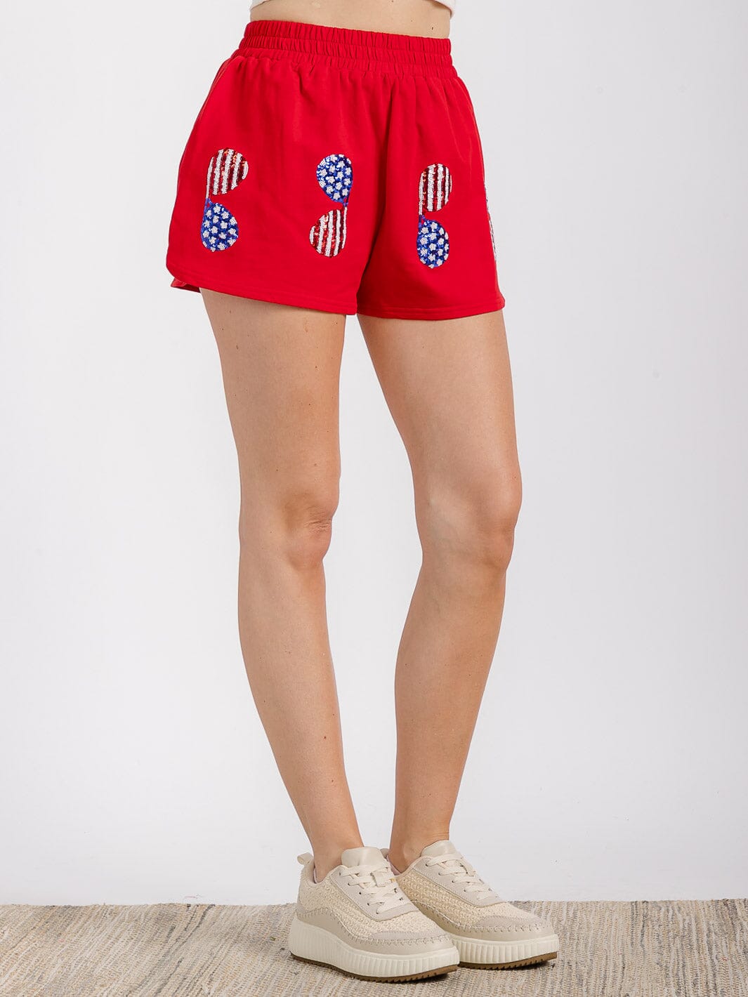 WOMEN'S ELASTIC WAIST FRONT POCKET GRAPHIC SEQUINS PATRIOTIC MINI SHORT