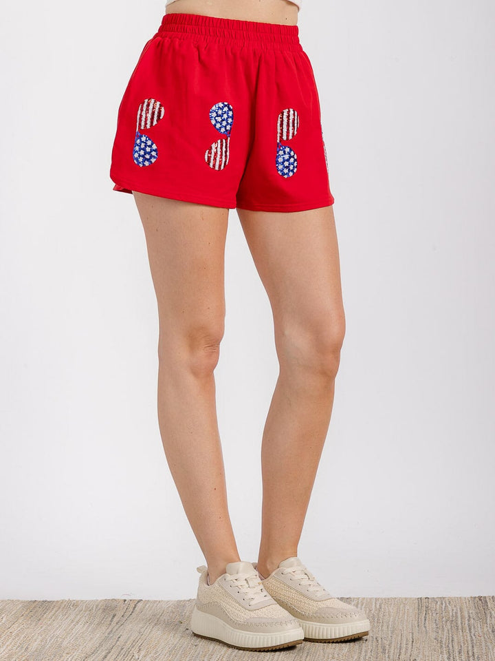WOMEN'S ELASTIC WAIST FRONT POCKET GRAPHIC SEQUINS PATRIOTIC MINI SHORT