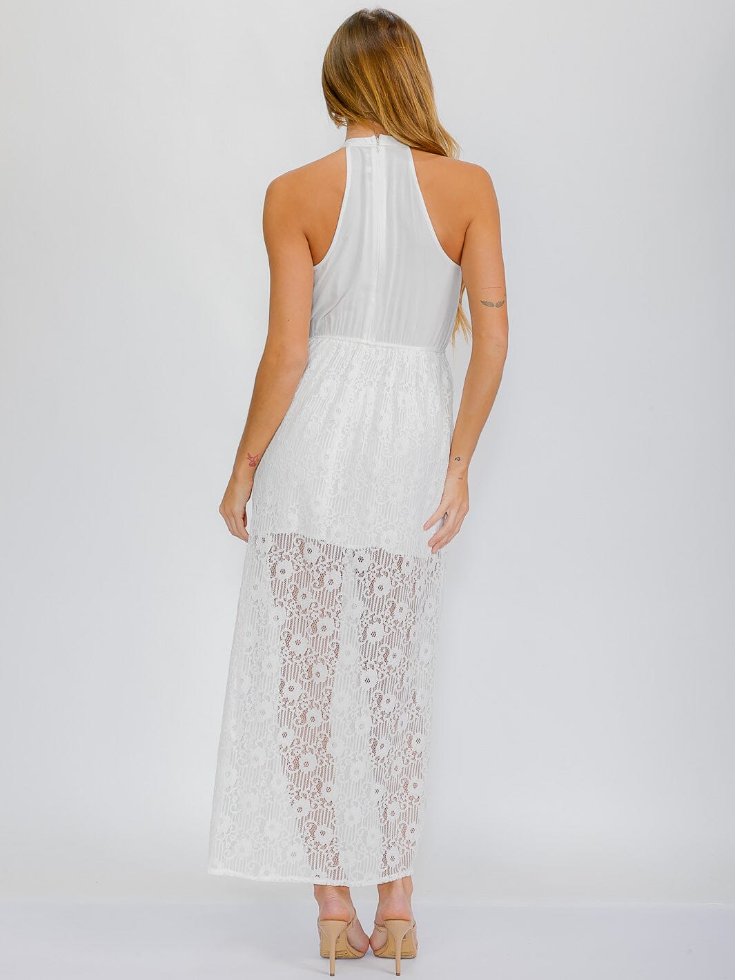 WOMEN'S SLEEVELESS HALTER NECK SIDE SLIT LACE MAXI DRESS