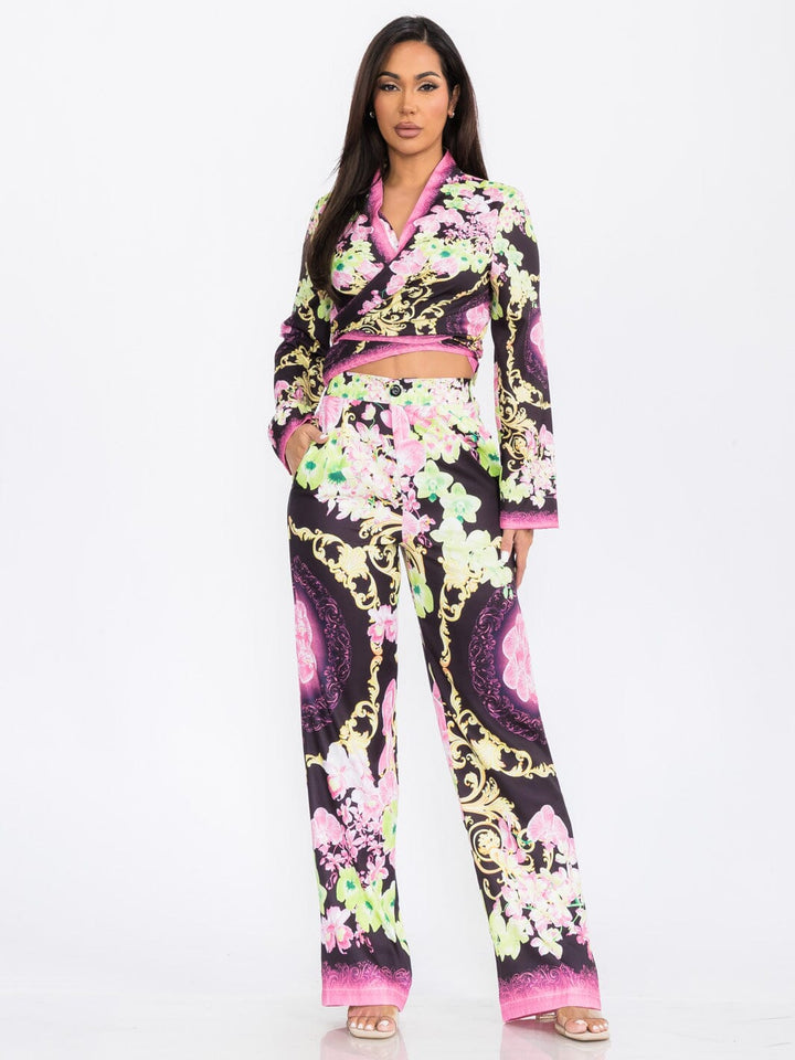 WOMEN'S LONG SLEEVE CEROP TOP & WIDE LEG PANTS FLORAL PRINT 2PC. SET