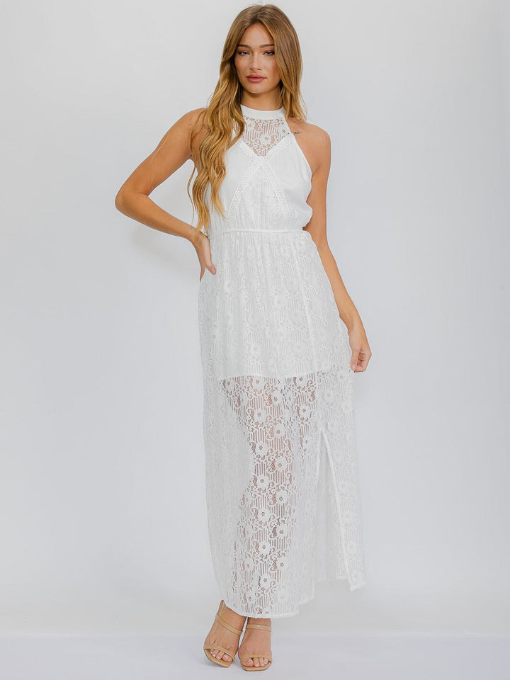 WOMEN'S SLEEVELESS HALTER NECK SIDE SLIT LACE MAXI DRESS