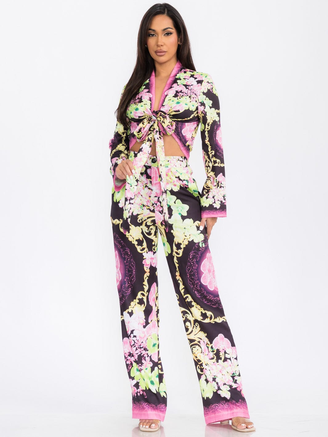 WOMEN'S LONG SLEEVE CEROP TOP & WIDE LEG PANTS FLORAL PRINT 2PC. SET