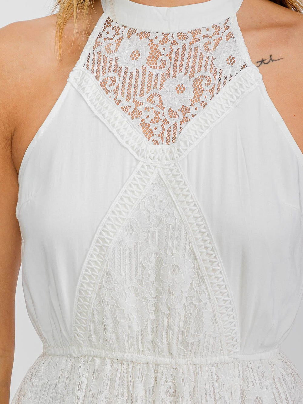 WOMEN'S SLEEVELESS HALTER NECK SIDE SLIT LACE MAXI DRESS