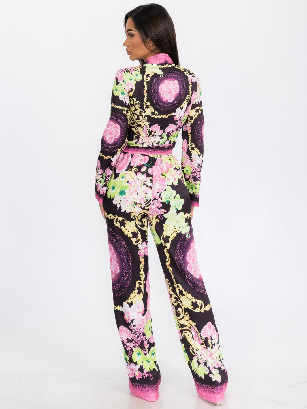 WOMEN'S LONG SLEEVE CEROP TOP & WIDE LEG PANTS FLORAL PRINT 2PC. SET