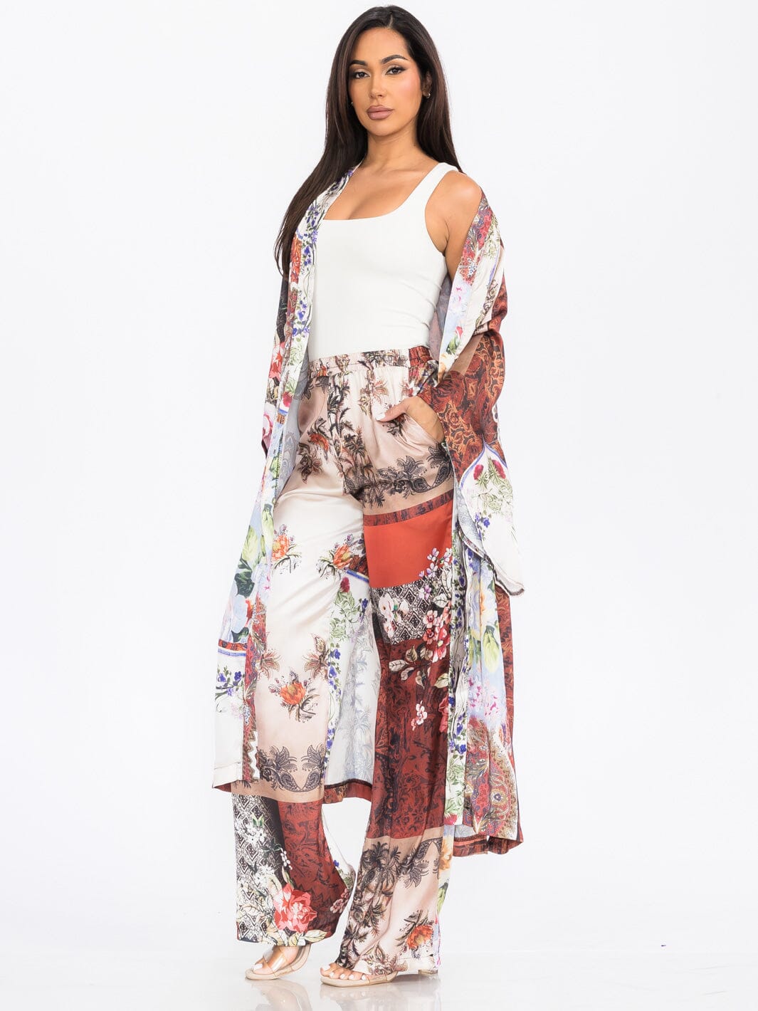 WOMEN'S LONG SLEEVE KIMONO & WIDE LEG PANTS MULTI PRINT 2PC. SET