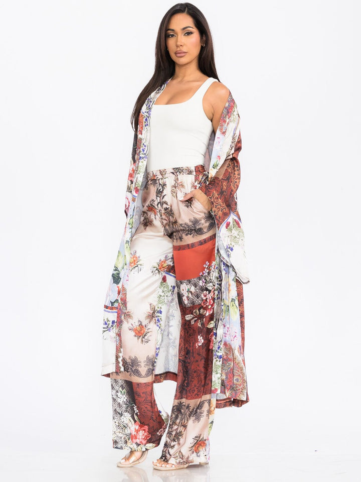 WOMEN'S LONG SLEEVE KIMONO & WIDE LEG PANTS MULTI PRINT 2PC. SET