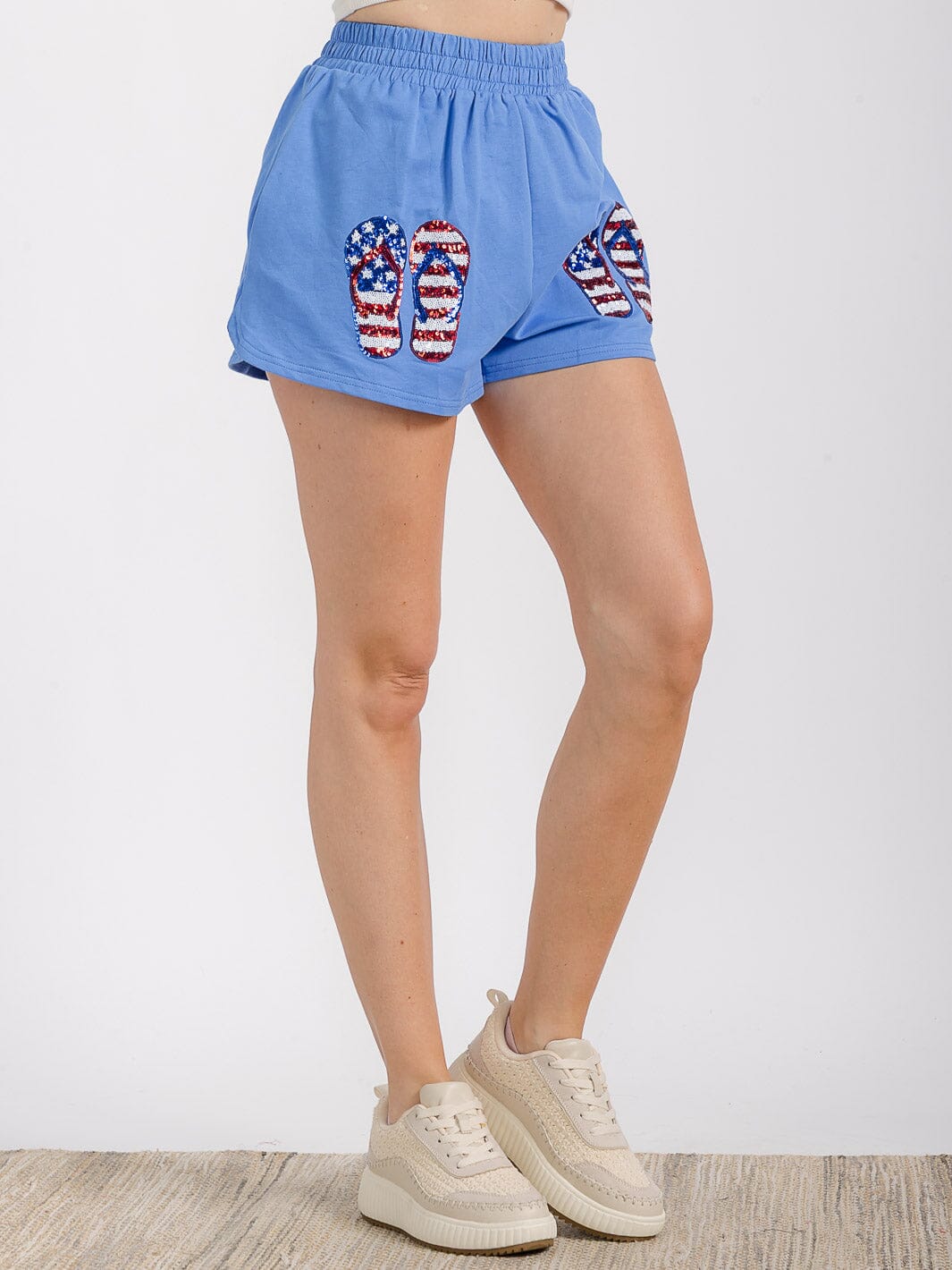 WOMEN'S ELASTIC WAIST FRONT POCKET GRAPHIC SEQUINS PATRIOTIC MINI SHORT