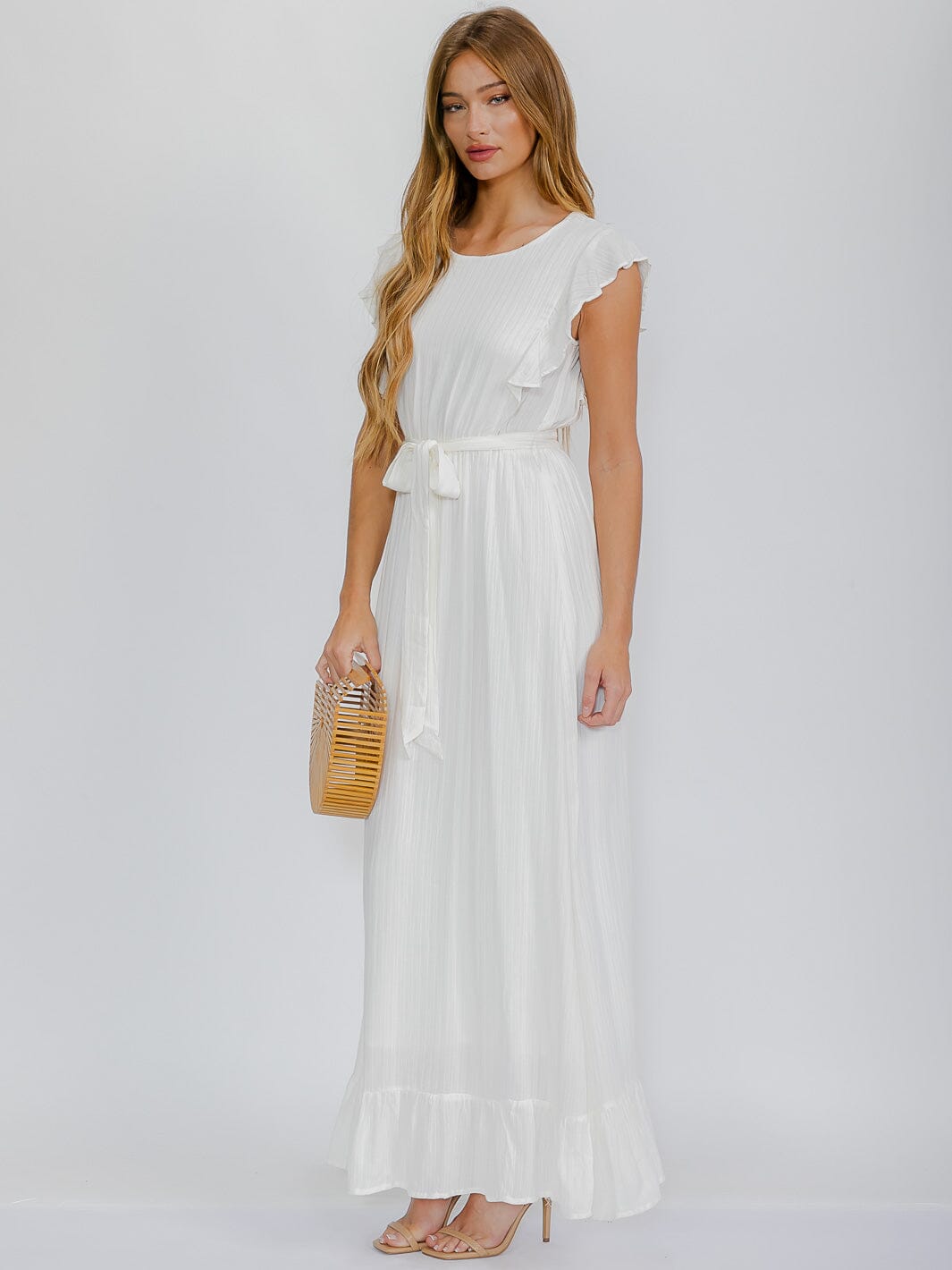 WOMEN'S RUFFLE SLEEVES SELF TIE ELASTIC WAIST MAXI DRESS