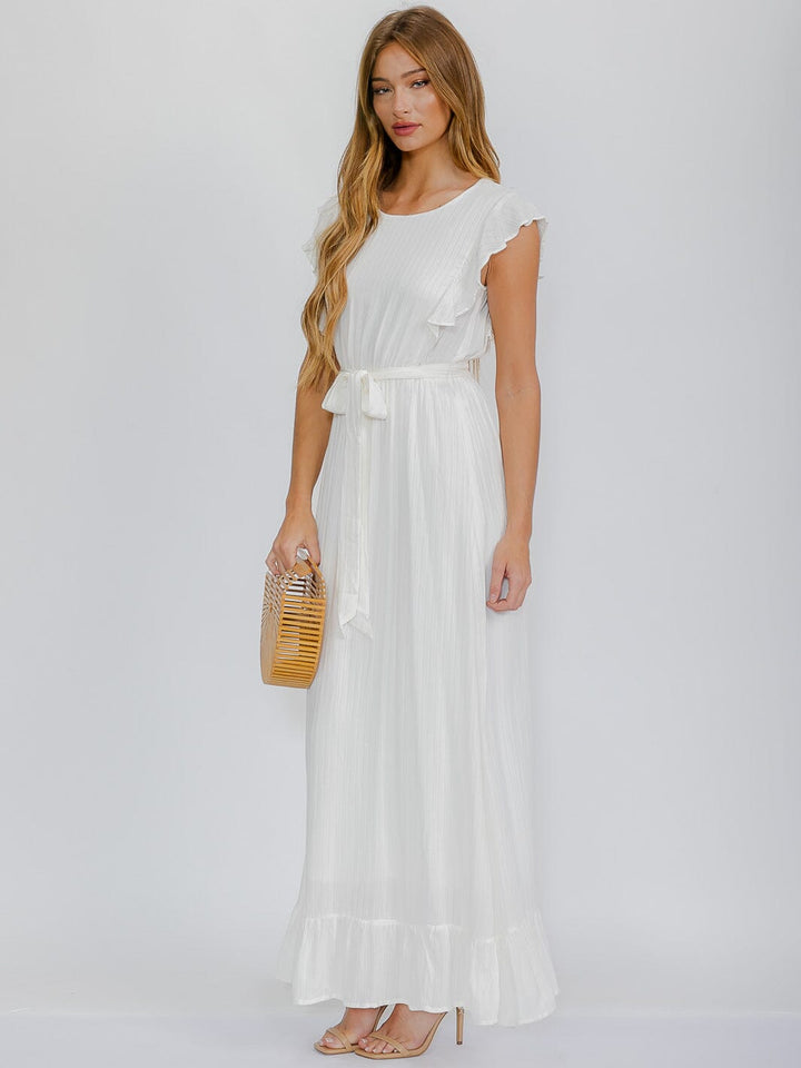 WOMEN'S RUFFLE SLEEVES SELF TIE ELASTIC WAIST MAXI DRESS