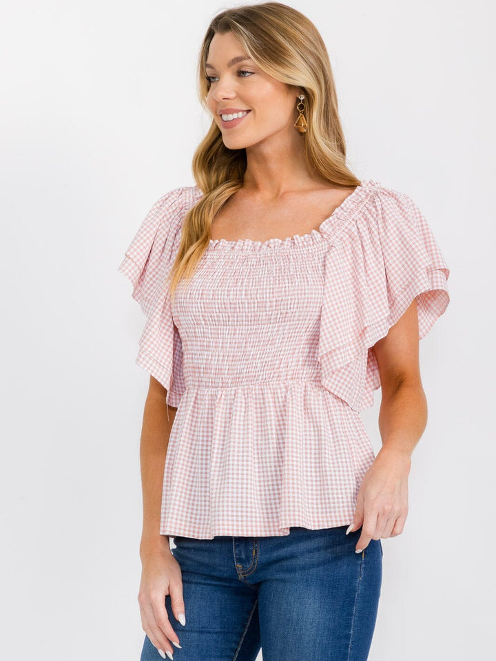 WOMEN'S SHORT RUFFLE SLEEVES SQUARE NECK SMOCK PLAID BLOUSE