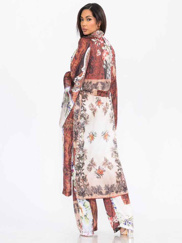 WOMEN'S LONG SLEEVE KIMONO & WIDE LEG PANTS MULTI PRINT 2PC. SET