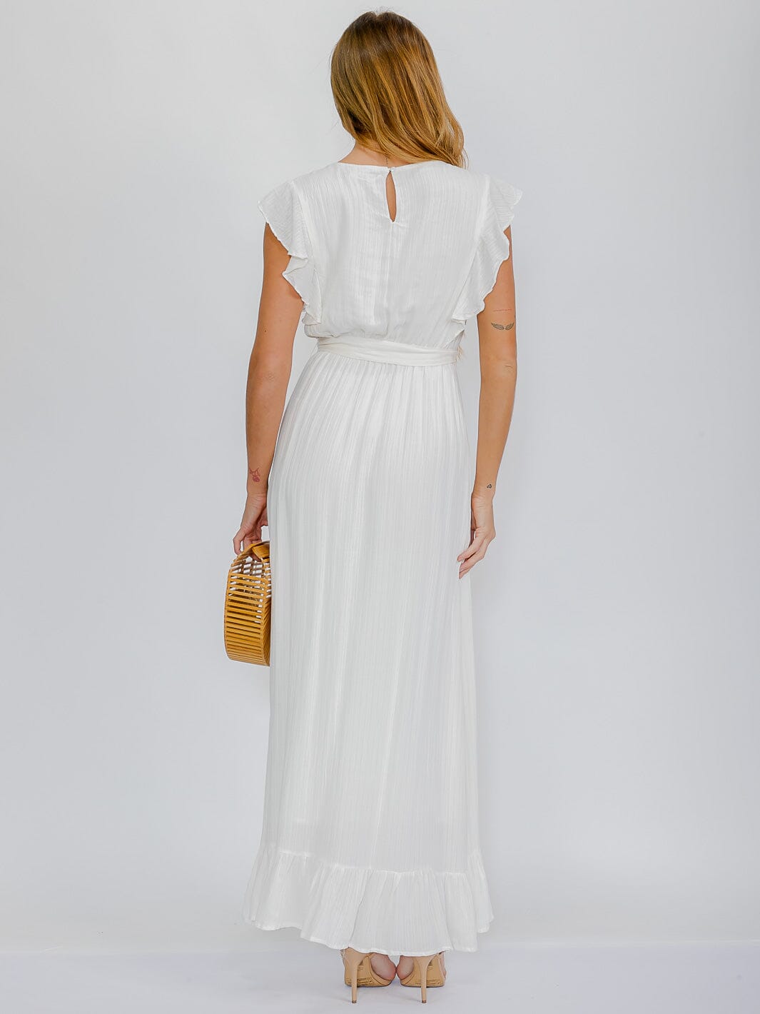 WOMEN'S RUFFLE SLEEVES SELF TIE ELASTIC WAIST MAXI DRESS