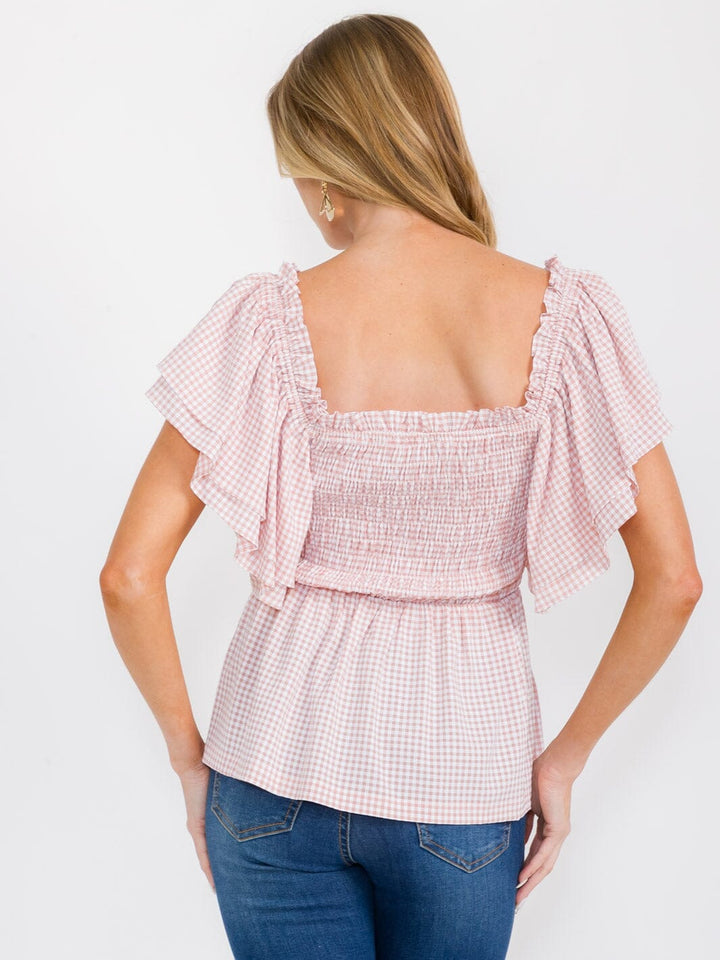 WOMEN'S SHORT RUFFLE SLEEVES SQUARE NECK SMOCK PLAID BLOUSE