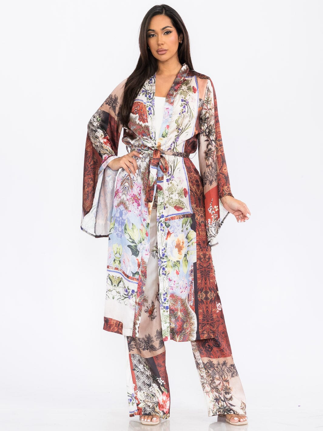WOMEN'S LONG SLEEVE KIMONO & WIDE LEG PANTS MULTI PRINT 2PC. SET
