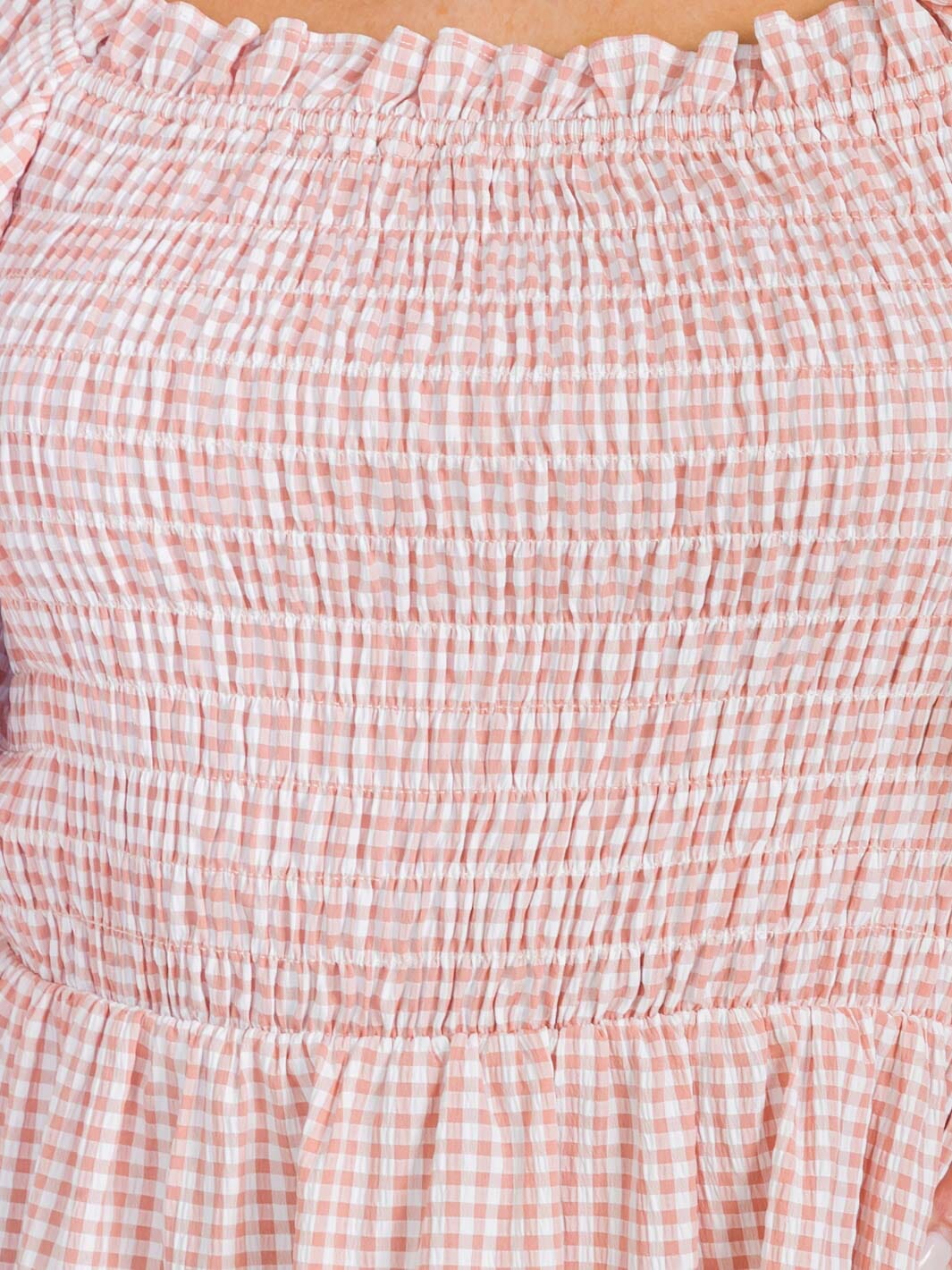 WOMEN'S SHORT RUFFLE SLEEVES SQUARE NECK SMOCK PLAID BLOUSE
