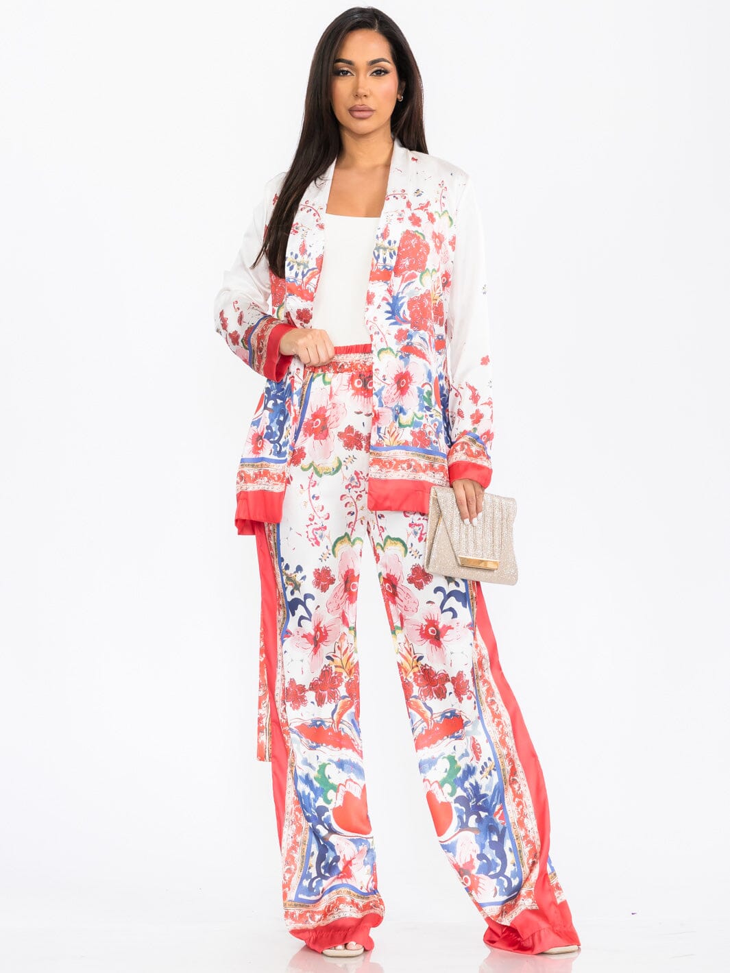 WOMEN'S LONG SLEEVE CARDIGAN & WIDE LEG PANTS FLORAL PRINT 2PC. SET