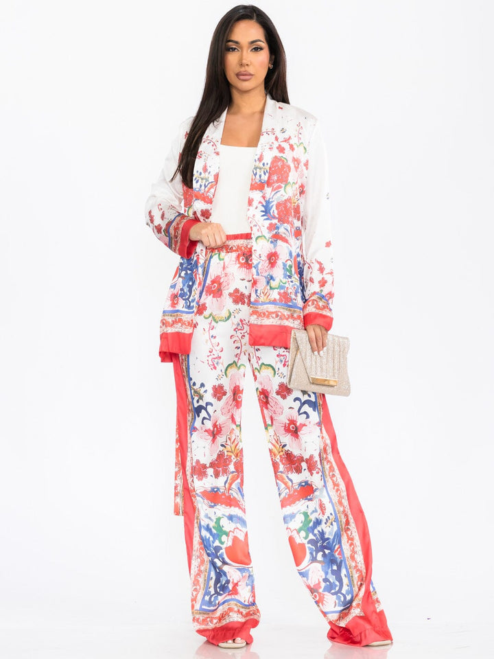 WOMEN'S LONG SLEEVE CARDIGAN & WIDE LEG PANTS FLORAL PRINT 2PC. SET