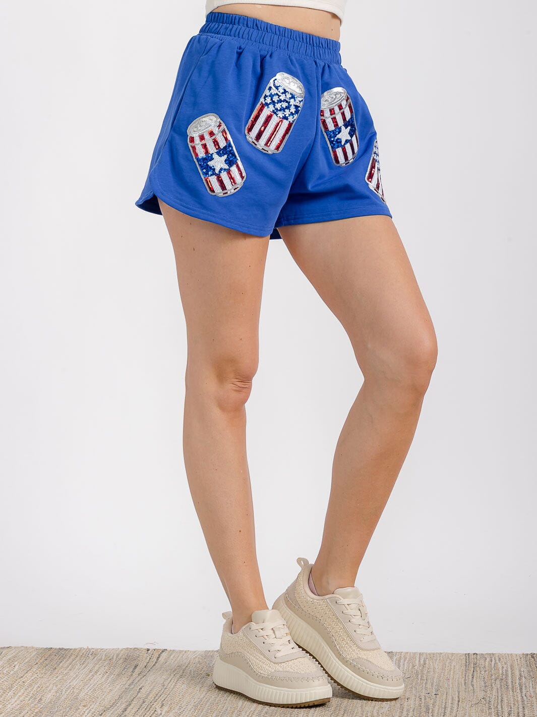 WOMEN'S ELASTIC WAIST FRONT POCKET GRAPHIC SEQUINS PATRIOTIC MINI SHORT