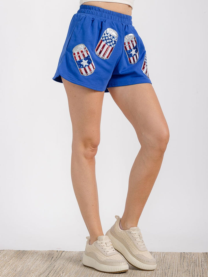 WOMEN'S ELASTIC WAIST FRONT POCKET GRAPHIC SEQUINS PATRIOTIC MINI SHORT