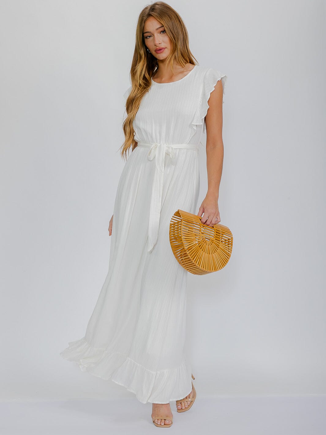 WOMEN'S RUFFLE SLEEVES SELF TIE ELASTIC WAIST MAXI DRESS