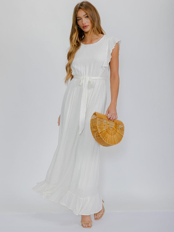 WOMEN'S RUFFLE SLEEVES SELF TIE ELASTIC WAIST MAXI DRESS