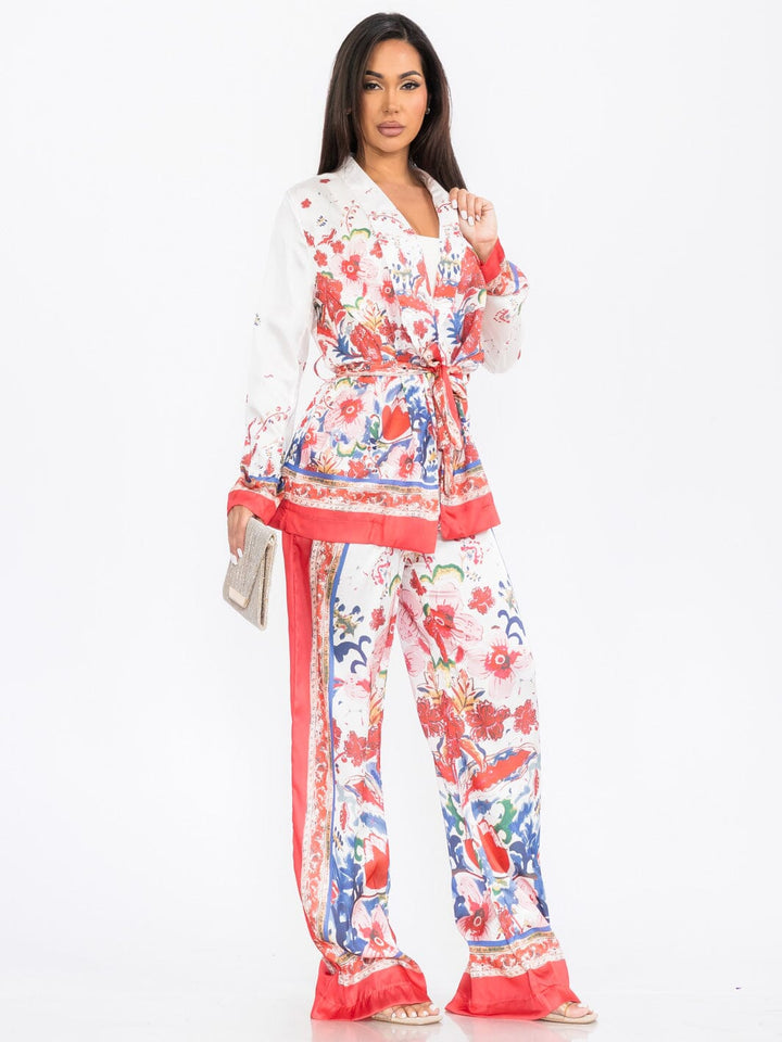 WOMEN'S LONG SLEEVE CARDIGAN & WIDE LEG PANTS FLORAL PRINT 2PC. SET