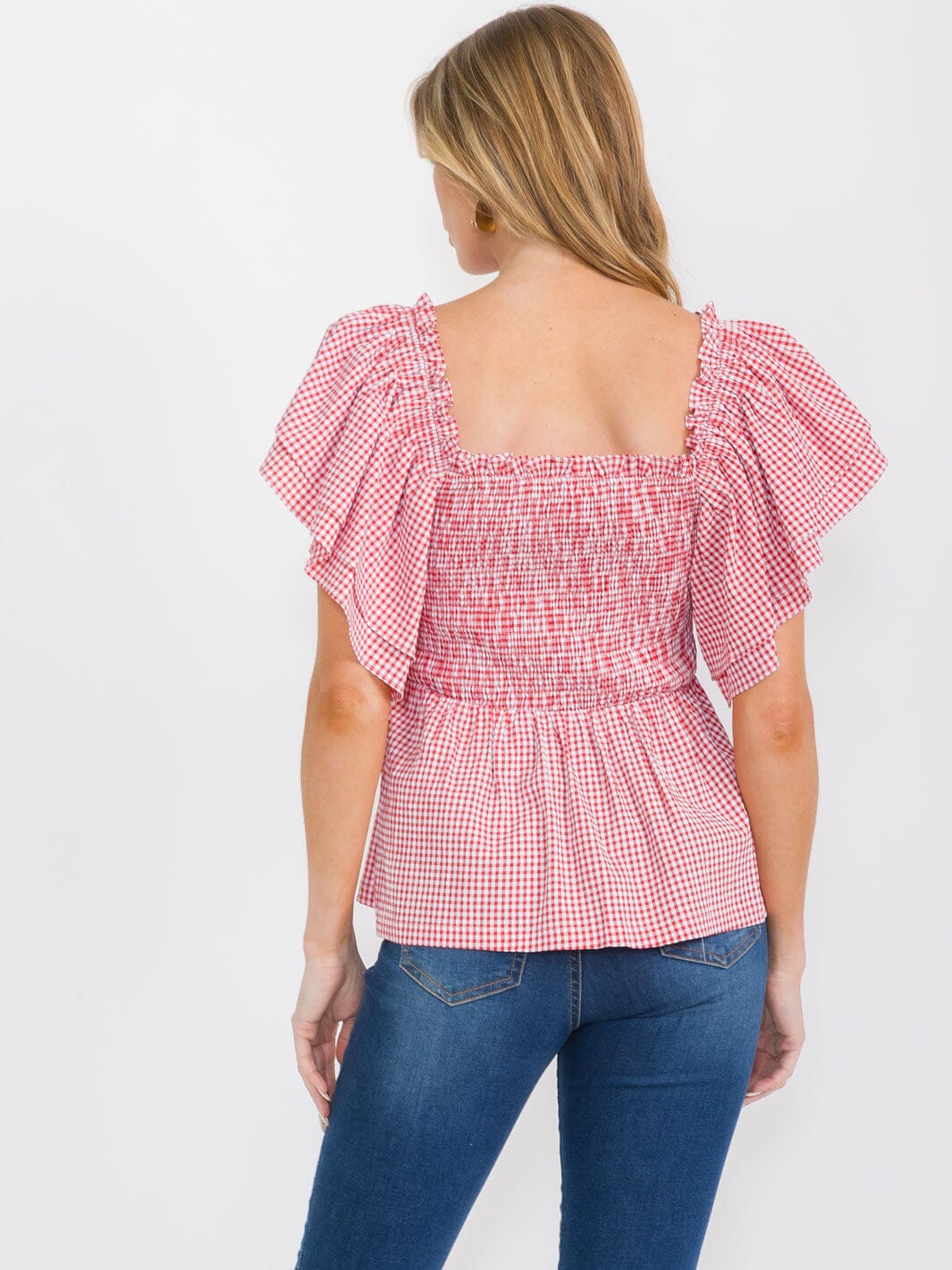 WOMEN'S SHORT RUFFLE SLEEVES SQUARE NECK SMOCK PLAID BLOUSE