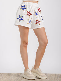 WOMEN'S ELASTIC WAIST FRONT POCKET GRAPHIC SEQUINS PATRIOTIC MINI SHORT