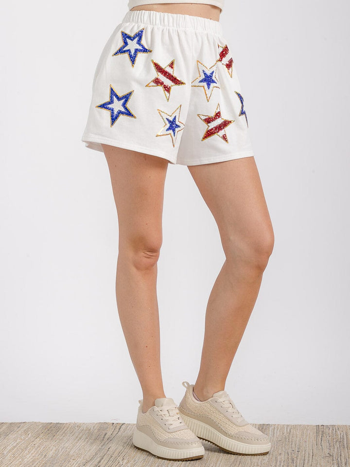 WOMEN'S ELASTIC WAIST FRONT POCKET GRAPHIC SEQUINS PATRIOTIC MINI SHORT