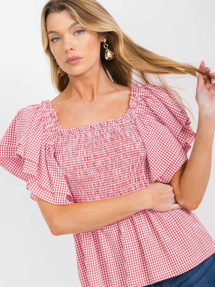 WOMEN'S SHORT RUFFLE SLEEVES SQUARE NECK SMOCK PLAID BLOUSE