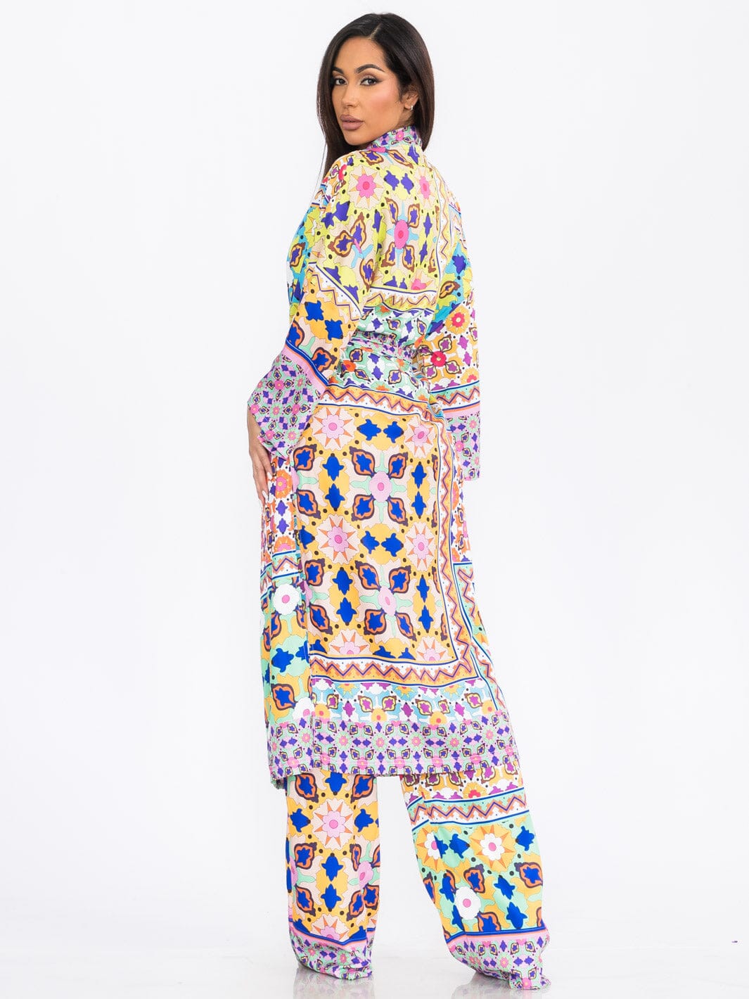 WOMEN'S LONG SLEEVE KIMONO & WIDE LEG PANTS MULTI PRINT 2PC. SET