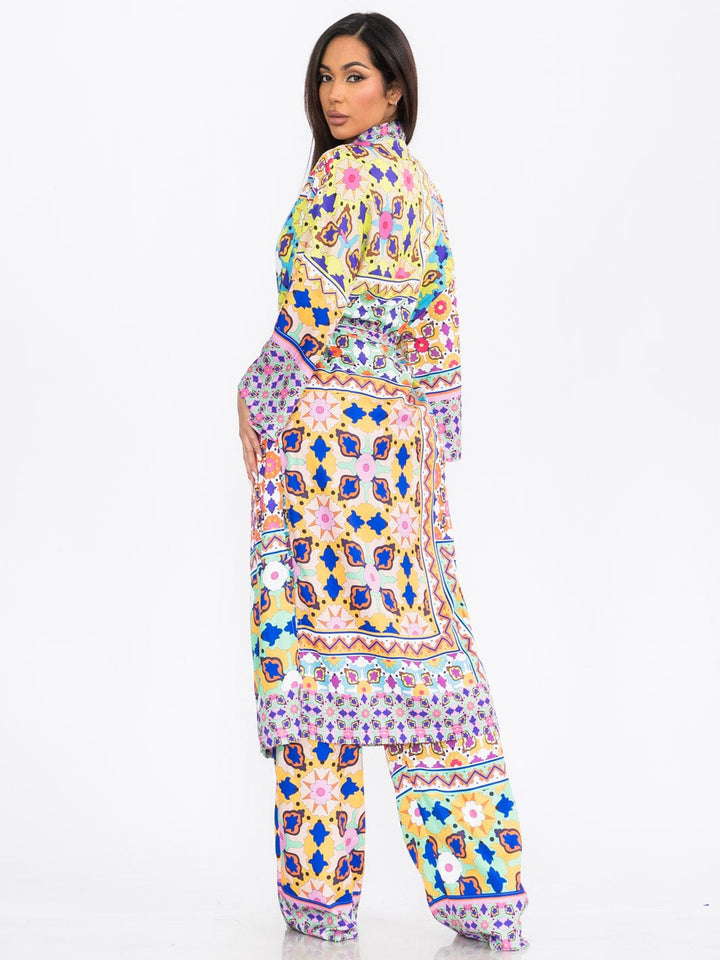 WOMEN'S LONG SLEEVE KIMONO & WIDE LEG PANTS MULTI PRINT 2PC. SET
