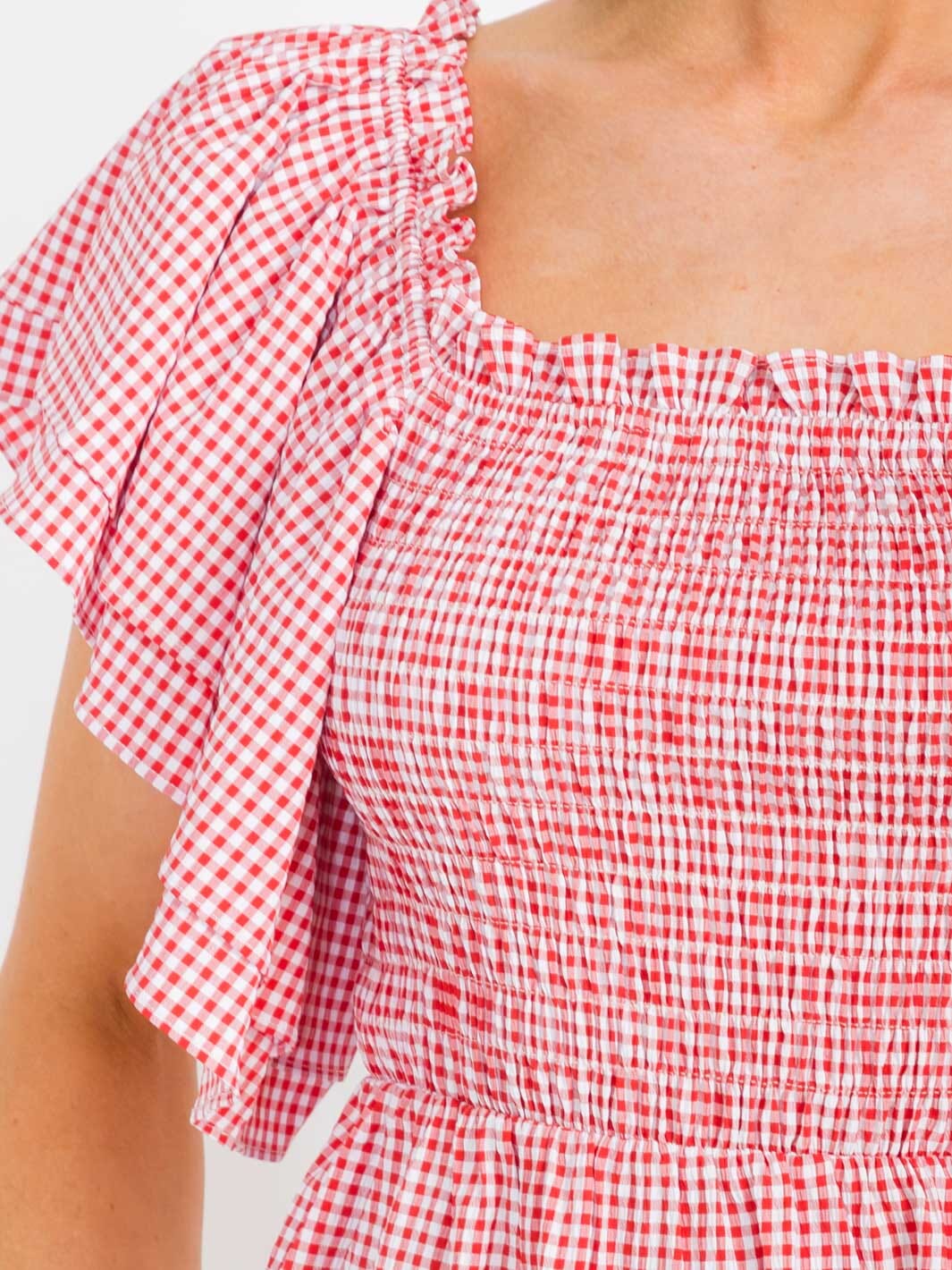 WOMEN'S SHORT RUFFLE SLEEVES SQUARE NECK SMOCK PLAID BLOUSE